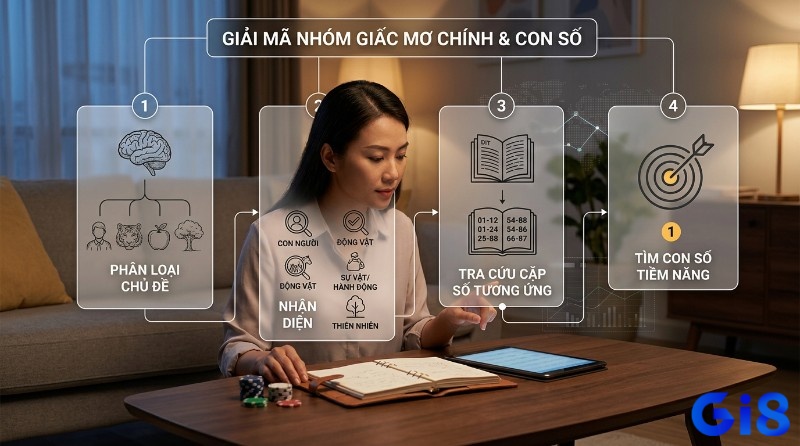 Giải mã nhóm giấc mơ chính và con số theo quy trình 4 bước: phân loại chủ đề, nhận diện, tra cứu cặp số tương ứng, tìm con số tiềm năng
