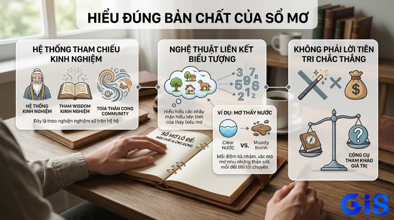 Bản chất sổ mơ lô đề,: hệ thống tham chiếu kinh nghiệm, nghệ thuật liên kết biểu tượng giấc mơ với con số, không phải lời tiên tri, ví dụ nước trong/đục