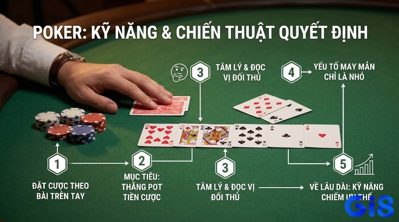 Poker là gì kỹ năng và chiến thuật quyết định, đặt cược, thắng pot, đọc vị đối thủ, may mắn nhỏ, kỹ năng chiếm ưu thế, với bài 10, J, Q, 8, A