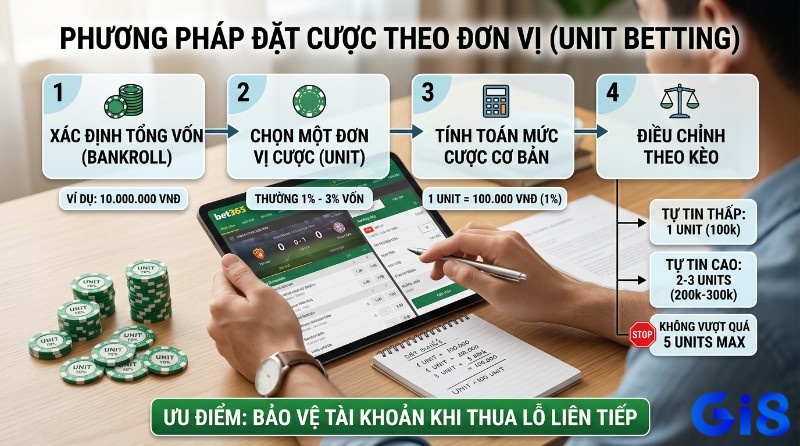 Phương pháp Unit Betting quản lý vốn: quản lý vốn cá cược bóng đá xác định vốn 10 triệu, chọn đơn vị 1-3%, tính cược 100k, điều chỉnh 1-5 đơn vị, bảo vệ tài khoản