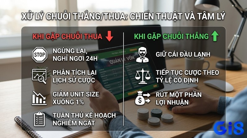 Xử lý chuỗi thắng/thua cá cược bóng đá: khi thua thì ngừng, phân tích, giảm unit size 1%, tuân thủ; khi thắng thì giữ bình tĩnh, cược cố định, rút lợi nhuận