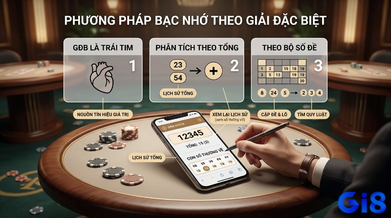 Soi cầu bạc nhớ là gì theo giải đặc biệt, phân tích GĐB theo tổng và bộ số đề. Điện thoại hiển thị GĐB 12345, tổng 15(5) và các số thường về
