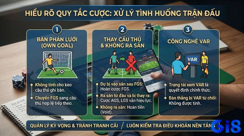 Quy tắc cá cược bóng đá xử lý tình huống trận đấu: bàn phản lưới không tính, thay người ảnh hưởng cược, VAR quyết định cuối cùng