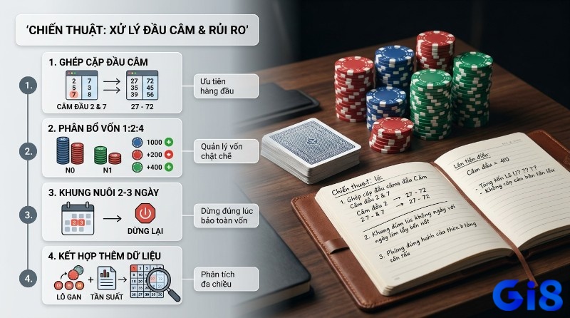 Chiến thuật đầu câm: ghép cặp số, chia vốn 1:2:4, theo dõi 2–3 ngày và đối chiếu lô gan, tần suất để tối ưu phân tích rủi ro khi đầu lô câm hôm sau đánh con gì