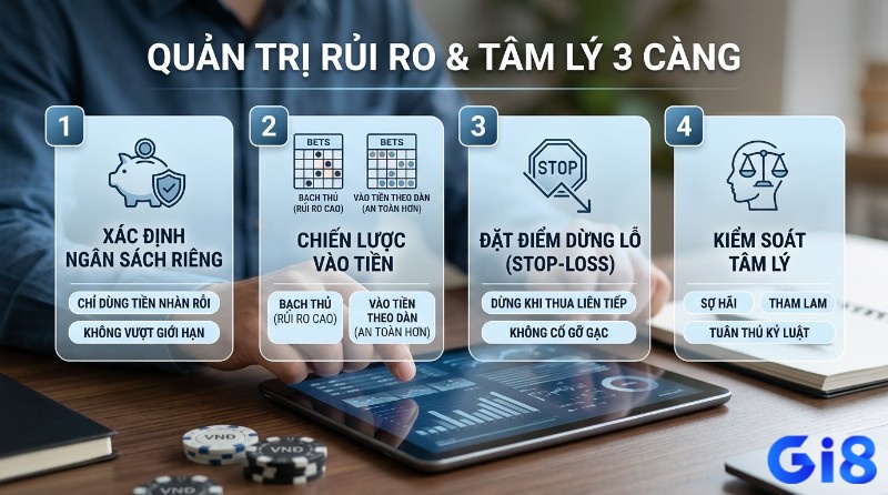 Quản trị rủi ro và tâm lý 3 càng: 4 bước xác định ngân sách, chiến lược vào tiền (bạch thủ, theo dàn), đặt dừng lỗ, kiểm soát tâm lý