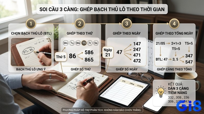 Phương pháp soi cầu 3 càng ghép bạch thủ lô theo thời gian, với các bước chọn BTL, ghép theo thứ, ngày, tổng ngày. Ví dụ BTL 86, 47 tạo dàn 3 càng 586, 865, 147, 247, 347, 547