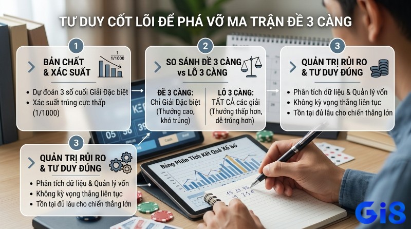 Tư duy cốt lõi phá vỡ đề 3 càng: bản chất, xác suất 1/1000, so sánh đề và lô, quản trị rủi ro, phân tích dữ liệu, quản lý vốn, người chơi ghi chép trong kinh nghiệm đánh đề 3 càng