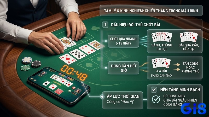 Tâm lý và kinh nghiệm chiến thắng Mậu binh là gì online, phân tích dấu hiệu đối thủ qua thời gian xếp bài, áp lực đồng hồ 00:48, và nền tảng RNG minh bạch