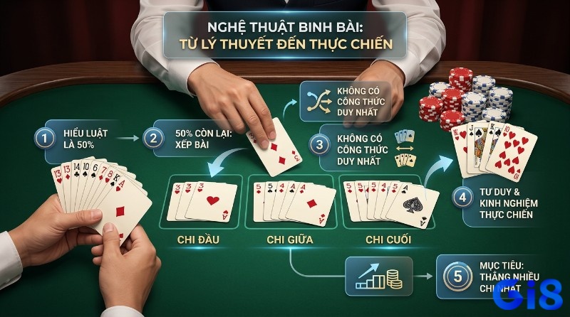 Nghệ thuật binh bài, phân bổ 13 lá bài thành 3 chi đầu, chi giữa, chi cuối, nhấn mạnh tư duy chiến thuật và kinh nghiệm thực chiến để thắng nhiều chi nhất