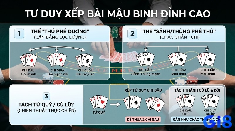 Tư duy xếp bài Mậu binh là gì đỉnh cao với 3 chiến thuật: Thú phé dương cân bằng, Sảnh/Thùng phé thủ chắc chắn 1 chi, và tách Tứ quý/Cù lũ để thắng 2 chi