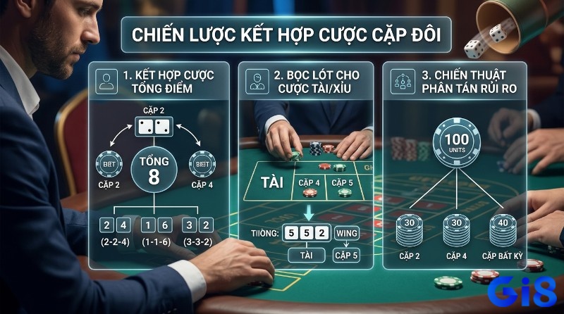 Chiến lược kết hợp cược Sicbo pair bet: Tổng Điểm (Tổng 8, Cặp 2, Cặp 4), bọc lót Tài/Xỉu (Cặp 4, Cặp 5) và phân tán rủi ro (100 đơn vị chia 30, 30, 40)