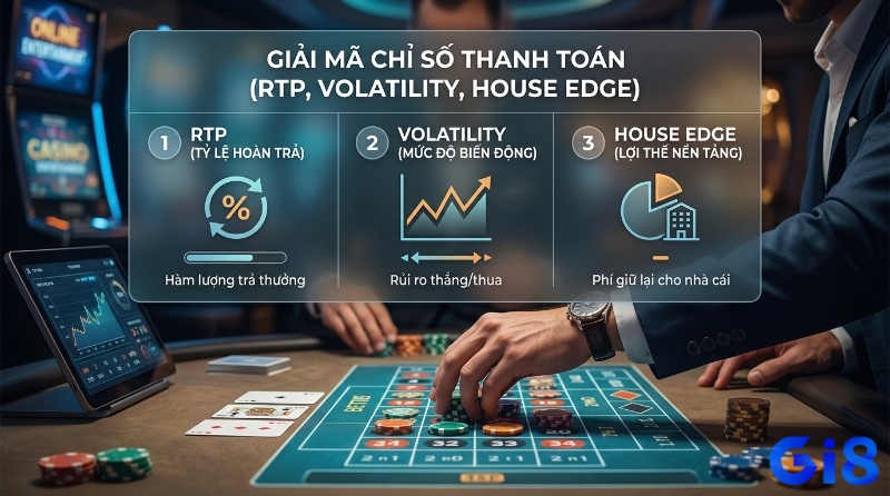 Giải mã các tỷ lệ thanh toán casino RTP (tỷ lệ hoàn trả), Volatility (biến động), House Edge (lợi thế nền tảng) trên bàn casino với người chơi và dữ liệu phân tích.