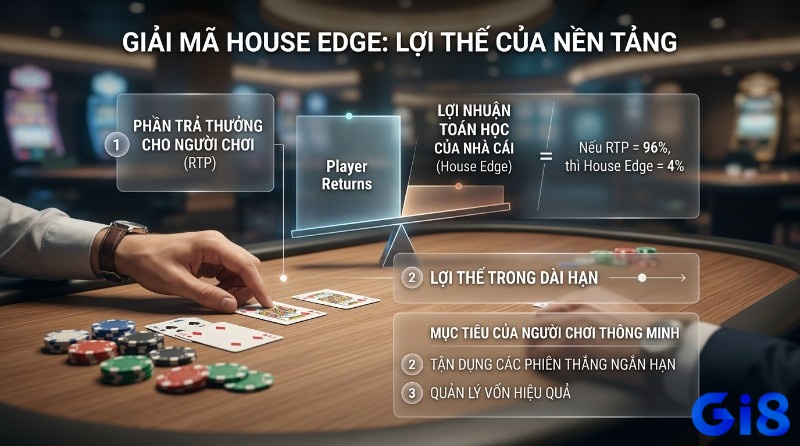 Giải mã House Edge, lợi thế của nền tảng, thể hiện qua cân bằng RTP và lợi nhuận nhà cái. Nếu RTP 96% thì House Edge 4%. Người chơi thông minh quản lý vốn