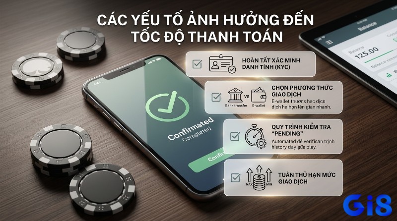 Các yếu tố ảnh hưởng tốc độ thanh toán: hoàn tất KYC, phương thức giao dịch (ví điện tử), quy trình pending, hạn mức giao dịch, hiển thị trên điện thoại xác nhận hoàn tất